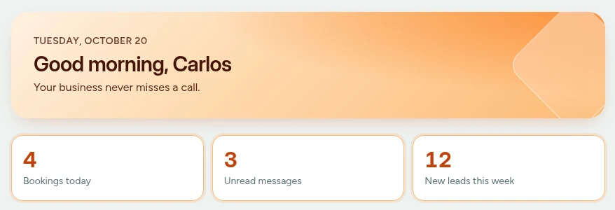 The EURE home screen for the demo business Rivera Plumbing: Good morning, Carlos, with 4 bookings today, 3 unread messages and 12 new leads this week