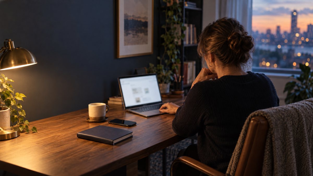 Business owner reviewing search results on a laptop in a home office at dusk