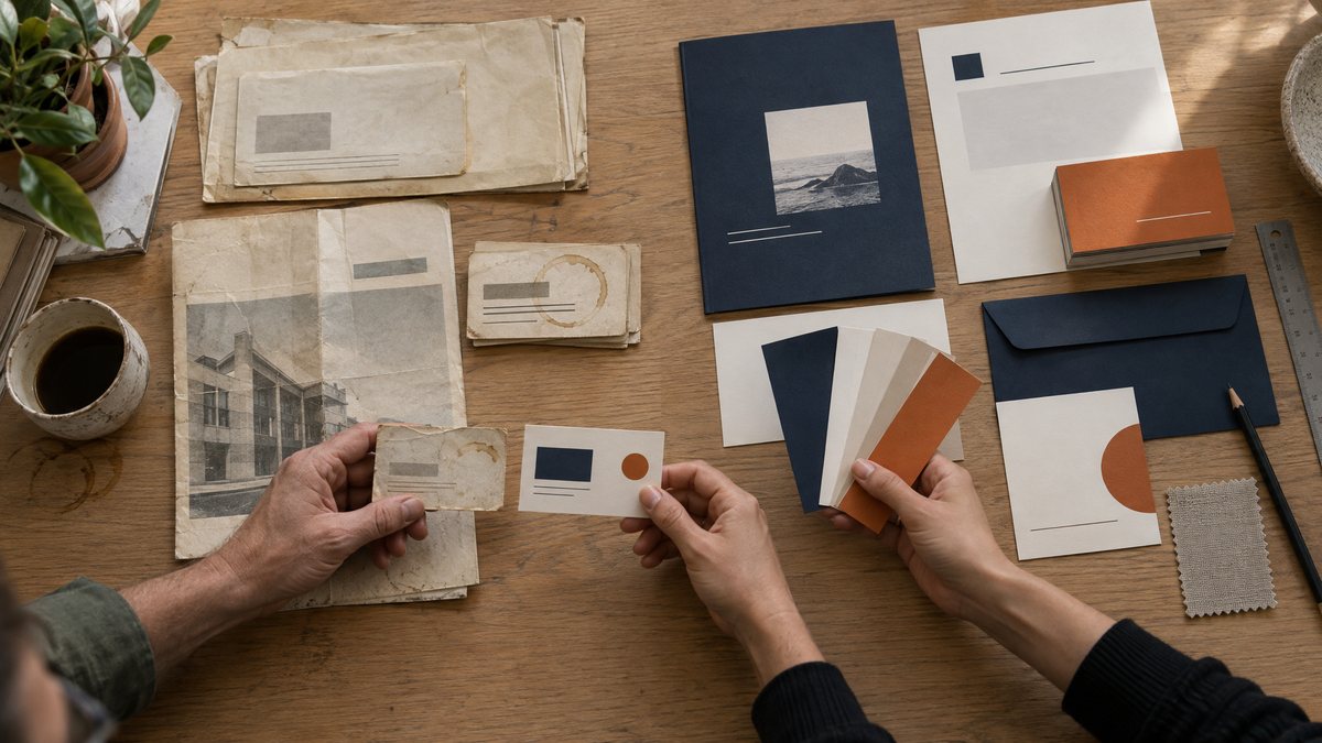 Hands comparing an old business card with a new one beside navy, cream and orange brand swatches