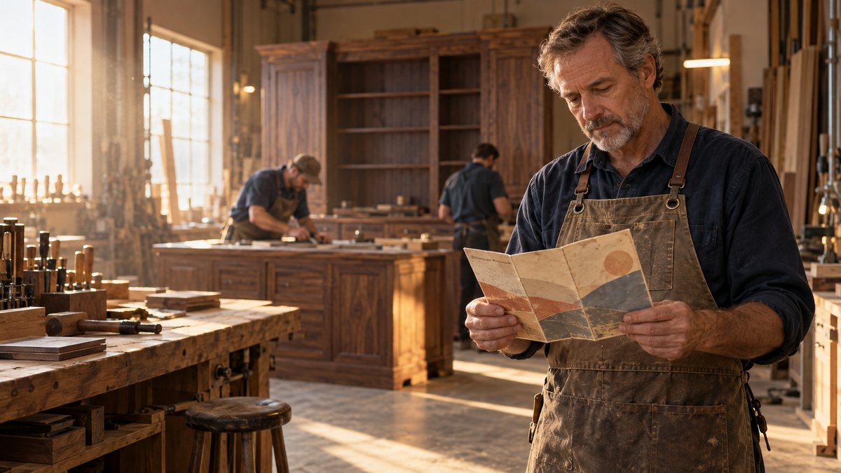 Cabinetry shop owner studying an old brochure while his team works in the busy shop behind him