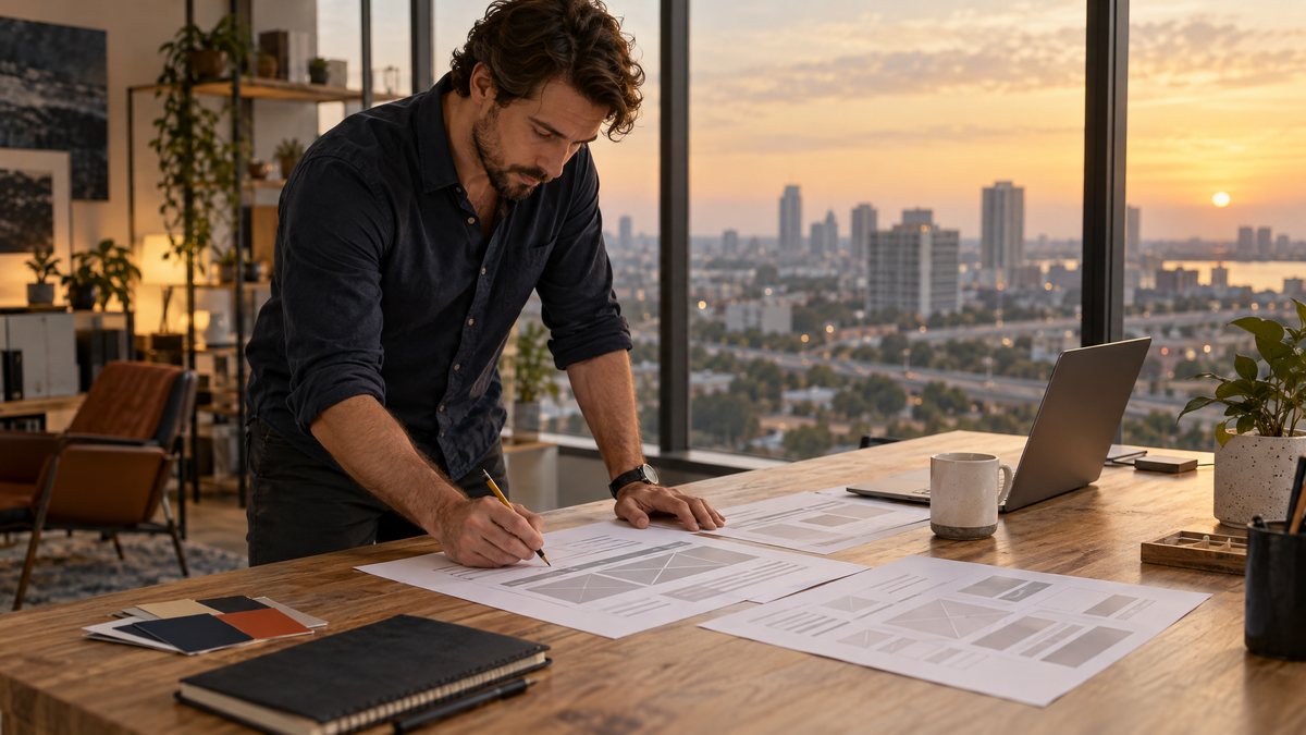 Web designer marking up printed page layouts at a studio table with a Houston-area city view at sunset
