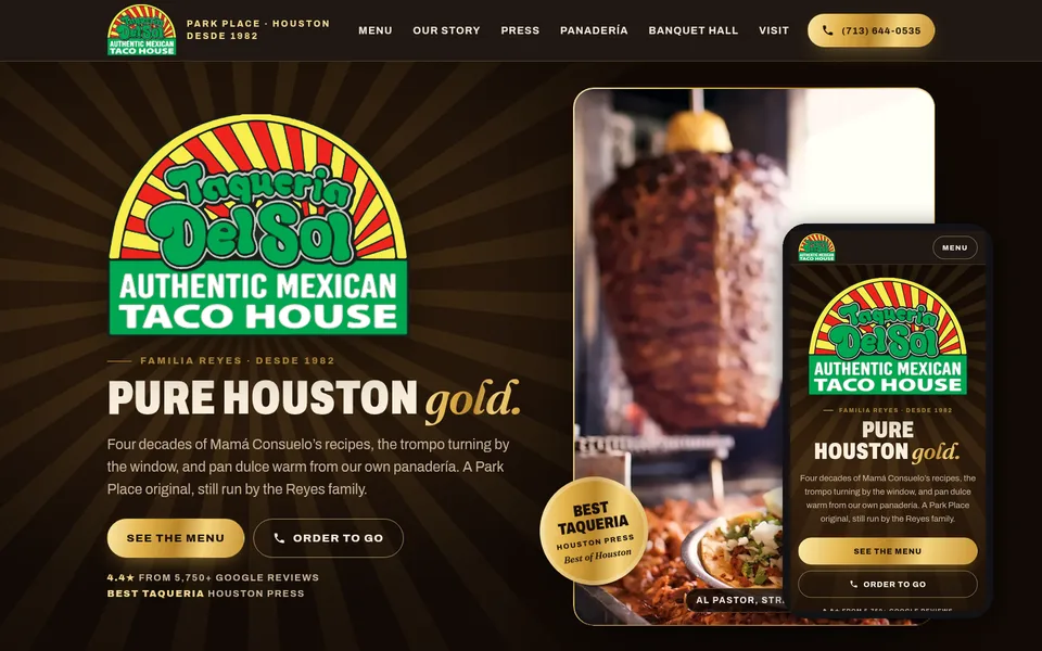 Taquería Del Sol Houston website on desktop and phone