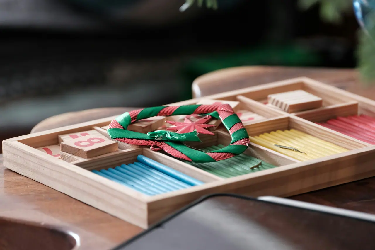 Montessori sorting tray with colored materials