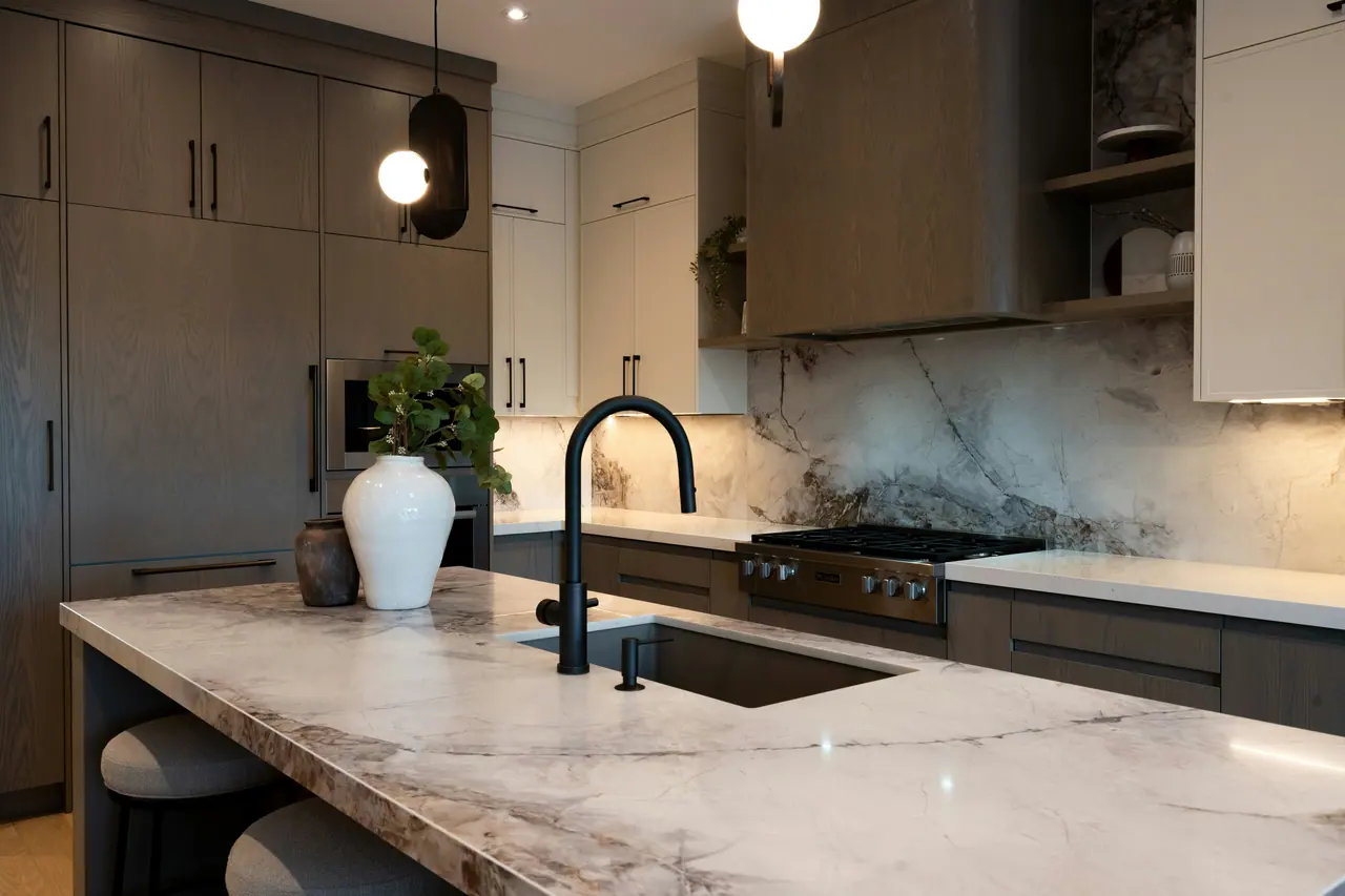 Marble kitchen island with pendant light